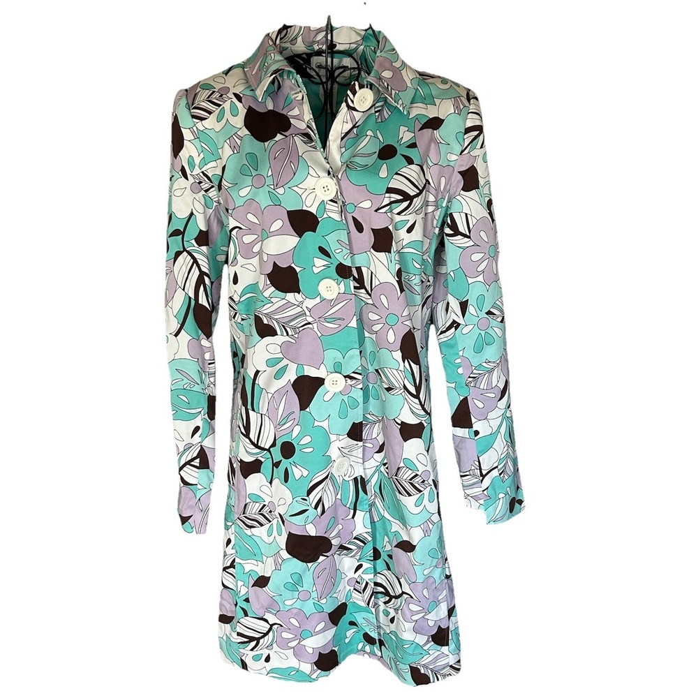 Women's Vintage Chadwick's Mod 70s‎ Blue Floral Trench Coat Jacket Size 6 Lined